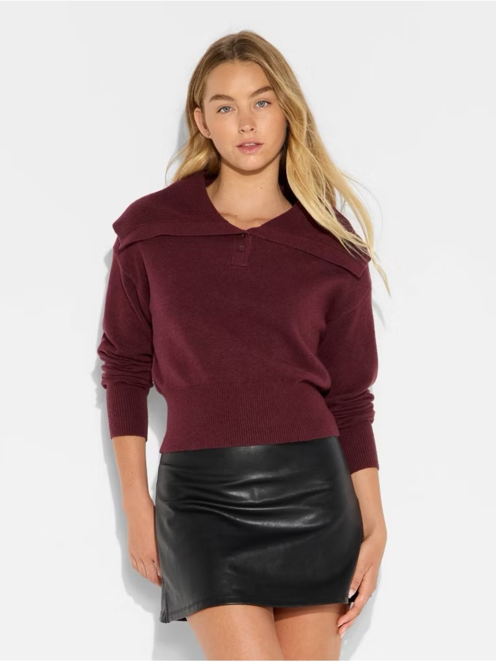 Women's Wild Fable Burgundy Knit Sweater with Fold-Over Collar